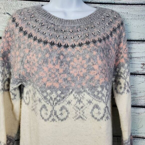 H&M L.O.G.G Fair Isle Knit Sweater XS Cream Gray Pink Wool Blend Pullover - Picture 2 of 6